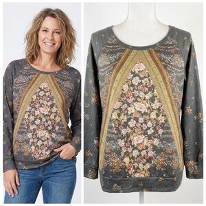 One World Boho Floral Crewneck Long Sleeve Pullover
